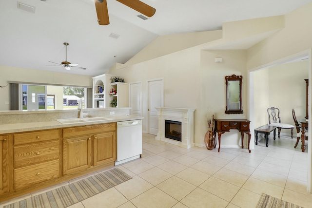 kitchen featuring dishwasher, visible vents, ceiling fan, and a sink