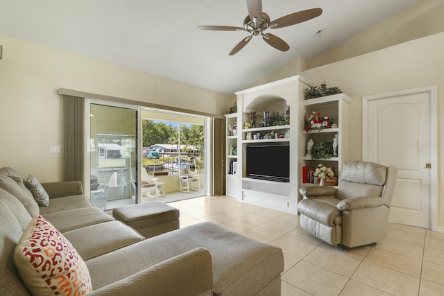 living room featuring a ceiling fan, high vaulted ceiling, and light tile patterned floors