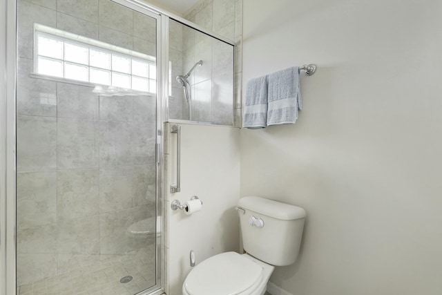 full bathroom featuring a stall shower and toilet