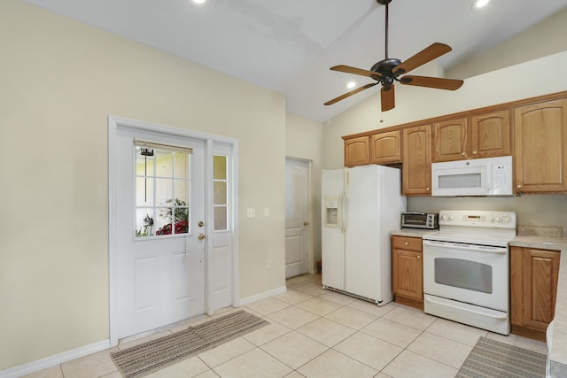 kitchen with a ceiling fan, white appliances, light tile patterned floors, light countertops, and lofted ceiling