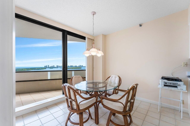 100 Lakeshore Dr Unit 1557, North Palm Beach, FL 33408 - dining room with baseboards, light tile patterned floors, a water view, and a textured ceiling