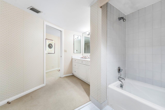 100 Lakeshore Dr Unit 1557, North Palm Beach, FL 33408 - bathroom featuring vanity, visible vents, bathtub / shower combination, baseboards, and wallpapered walls