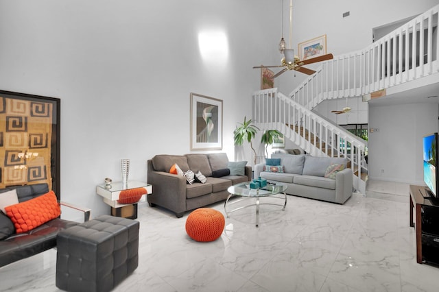 7940 La Mirada Dr, Boca Raton, FL 33433 - living area featuring a high ceiling, stairs, marble tiled floors, and ceiling fan