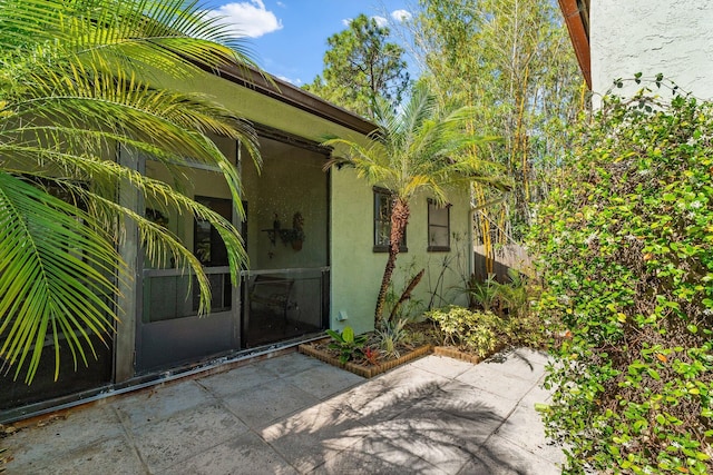 entrance to property featuring a patio area and stucco siding