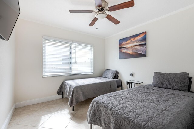 3338 NW 69th St, Fort Lauderdale, FL 33309 - bedroom featuring ceiling fan, baseboards, crown molding, and light tile patterned floors
