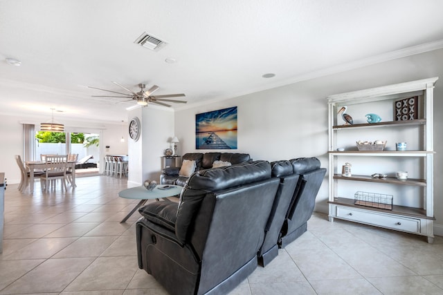 3338 NW 69th St, Fort Lauderdale, FL 33309 - living area featuring light tile patterned flooring, crown molding, visible vents, and a ceiling fan