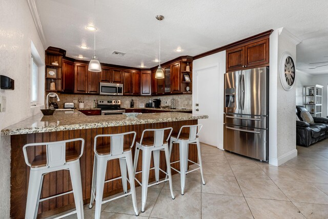 3338 NW 69th St, Fort Lauderdale, FL 33309 - kitchen with a peninsula, a sink, visible vents, open shelves, and appliances with stainless steel finishes