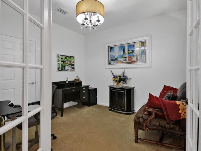 living area with a notable chandelier, carpet flooring, and visible vents