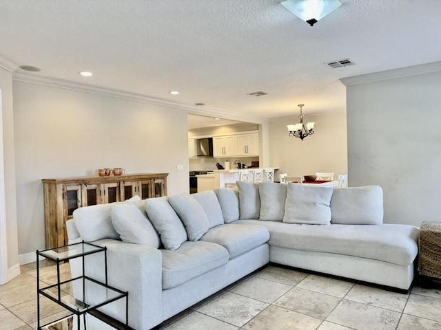 living area featuring crown molding, a chandelier, light tile patterned floors, recessed lighting, and a textured ceiling