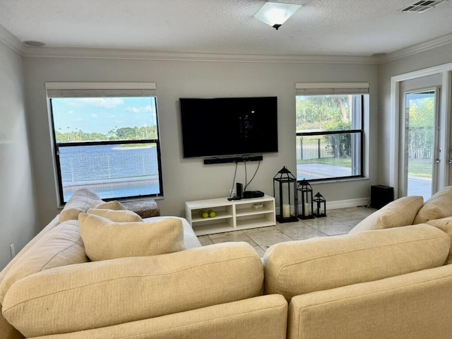 living room with baseboards and ornamental molding