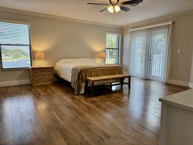bedroom featuring access to exterior, ornamental molding, baseboards, dark wood-type flooring, and a ceiling fan