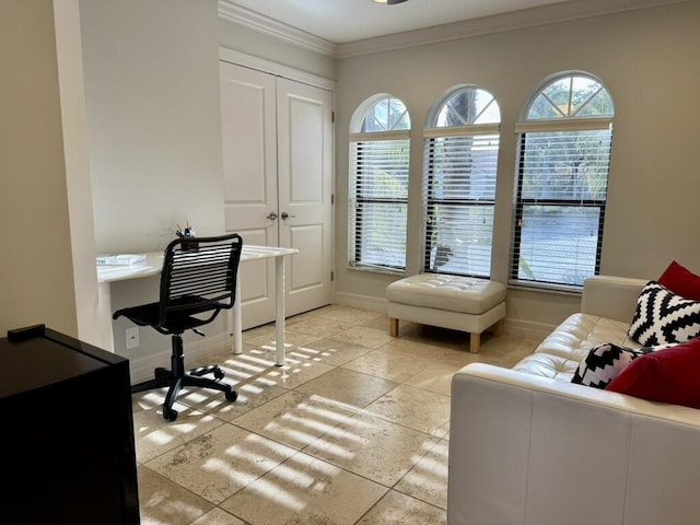 office space with baseboards and ornamental molding