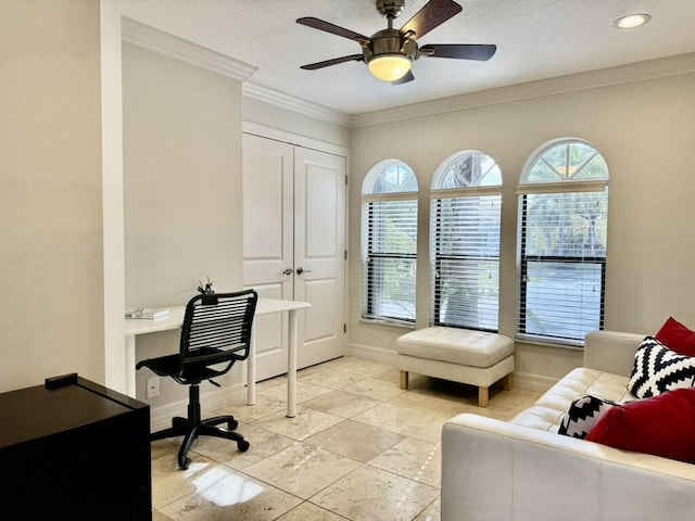 home office featuring baseboards, crown molding, ceiling fan, and recessed lighting