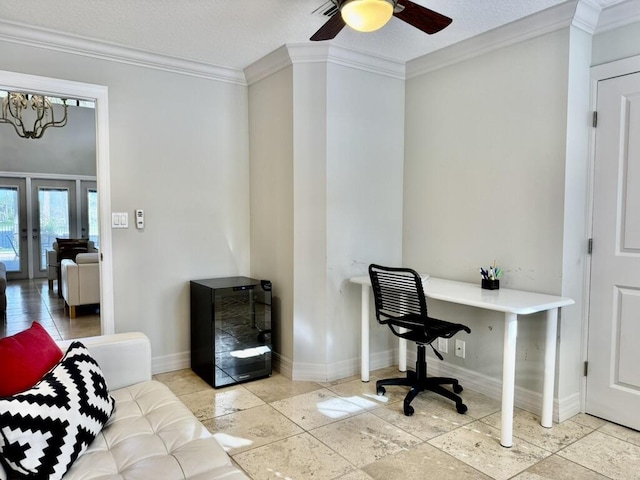 office space featuring baseboards, ornamental molding, a ceiling fan, beverage cooler, and french doors