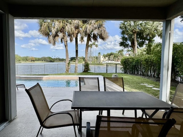 view of patio / terrace with a water view