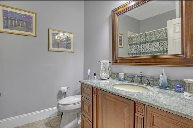 5959 SE Crooked Oak Ave, Hobe Sound, FL 33455 - full bathroom with curtained shower, vanity, tile patterned flooring, and toilet