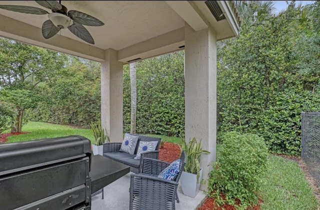 5959 SE Crooked Oak Ave, Hobe Sound, FL 33455 - view of patio / terrace with ceiling fan, an outdoor hangout area, and area for grilling