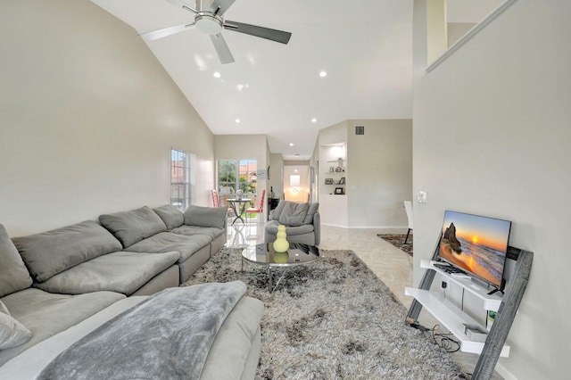 17051 Emile St Unit 5, Boca Raton, FL 33487 - living area with recessed lighting, baseboards, high vaulted ceiling, and ceiling fan