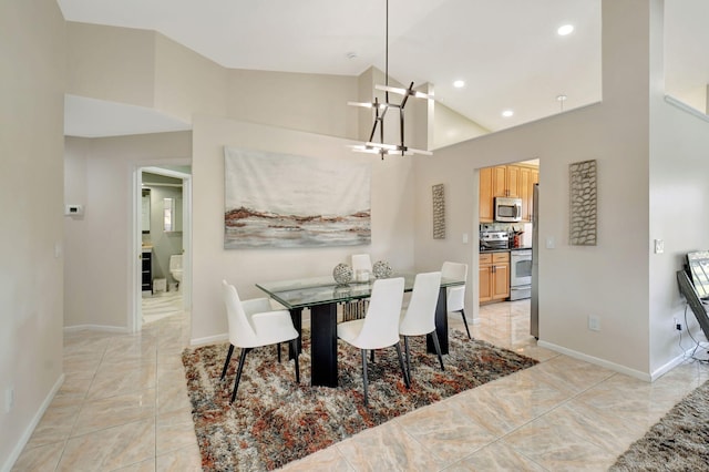 17051 Emile St Unit 5, Boca Raton, FL 33487 - dining area featuring recessed lighting, baseboards, high vaulted ceiling, and a chandelier