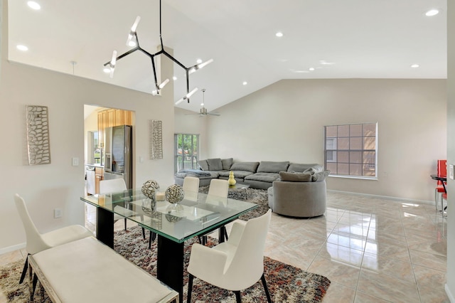 17051 Emile St Unit 5, Boca Raton, FL 33487 - dining room with high vaulted ceiling, baseboards, and recessed lighting