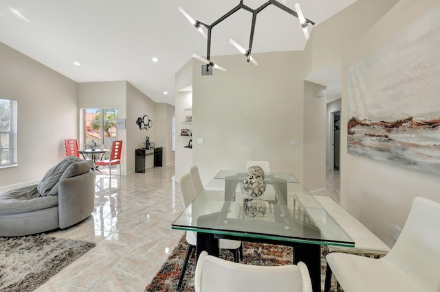 17051 Emile St Unit 5, Boca Raton, FL 33487 - dining space featuring visible vents, vaulted ceiling, marble finish floor, and recessed lighting