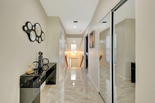 17051 Emile St Unit 5, Boca Raton, FL 33487 - hallway with visible vents, baseboards, recessed lighting, an upstairs landing, and marble finish floor