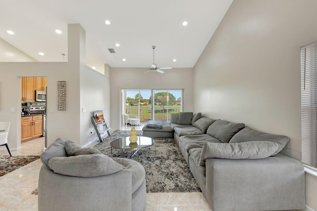 17051 Emile St Unit 5, Boca Raton, FL 33487 - living area with high vaulted ceiling, a ceiling fan, visible vents, and recessed lighting