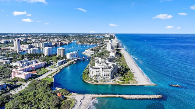 drone / aerial view featuring a city view and a water view