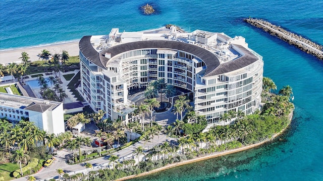bird's eye view with a view of the beach and a water view