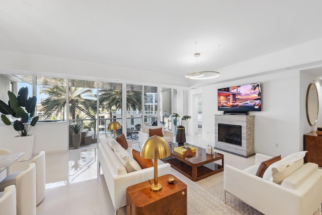 living room with a fireplace