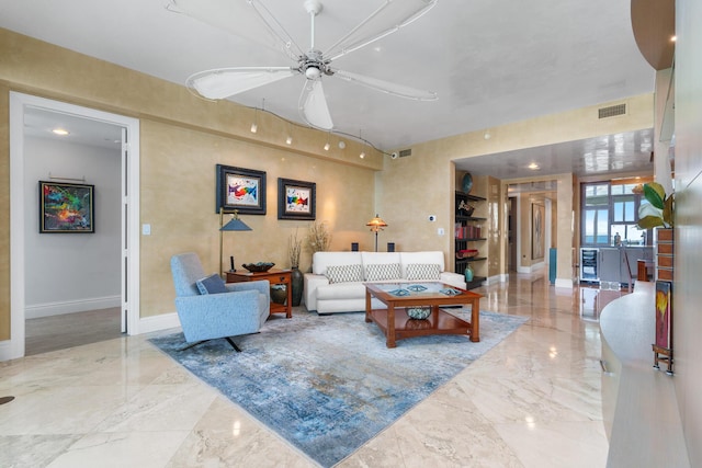 1600 S Ocean Blvd Unit Mph02, Lauderdale By The Sea, FL 33062 - living room with a ceiling fan, marble tiled floors, and baseboards