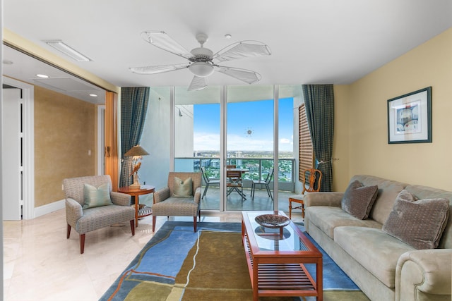 1600 S Ocean Blvd Unit Mph02, Lauderdale By The Sea, FL 33062 - living room featuring expansive windows and a ceiling fan