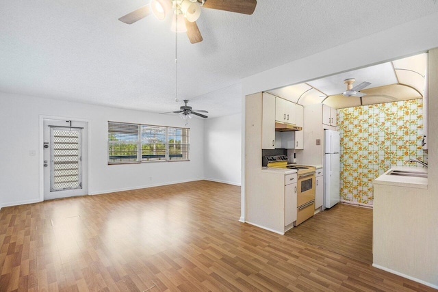 3107 Newport U, Deerfield Beach, FL 33442 - kitchen featuring a sink, white appliances, ceiling fan, light wood finished floors, and light countertops