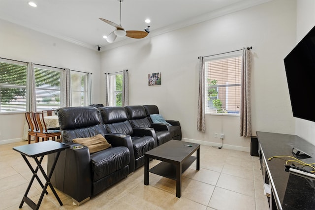 707 Cresta Cir, West Palm Beach, FL 33413 - living area featuring a ceiling fan, baseboards, ornamental molding, recessed lighting, and light tile patterned flooring