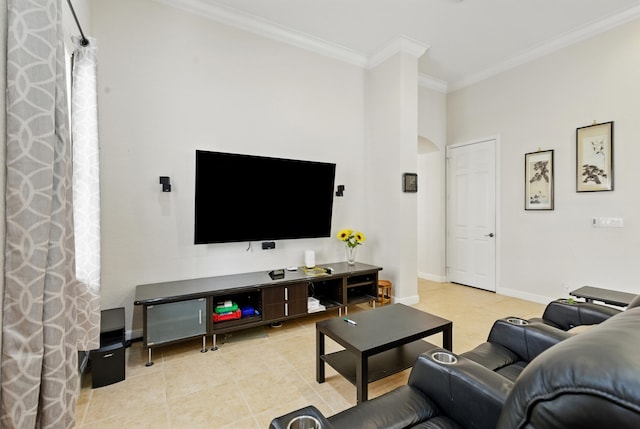 707 Cresta Cir, West Palm Beach, FL 33413 - tiled living room with crown molding, arched walkways, and baseboards