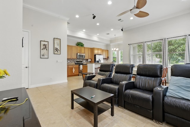 707 Cresta Cir, West Palm Beach, FL 33413 - living area with crown molding, ceiling fan with notable chandelier, recessed lighting, light tile patterned floors, and visible vents