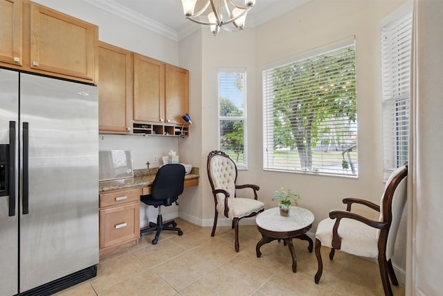707 Cresta Cir, West Palm Beach, FL 33413 - home office with an inviting chandelier, ornamental molding, built in desk, and a wealth of natural light