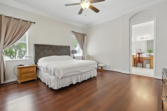 707 Cresta Cir, West Palm Beach, FL 33413 - bedroom with baseboards, ornamental molding, dark wood-style flooring, and a ceiling fan