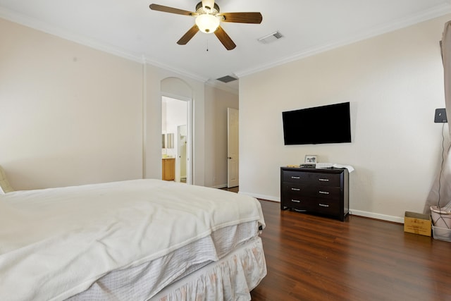 707 Cresta Cir, West Palm Beach, FL 33413 - bedroom featuring crown molding, a ceiling fan, baseboards, dark wood-type flooring, and visible vents