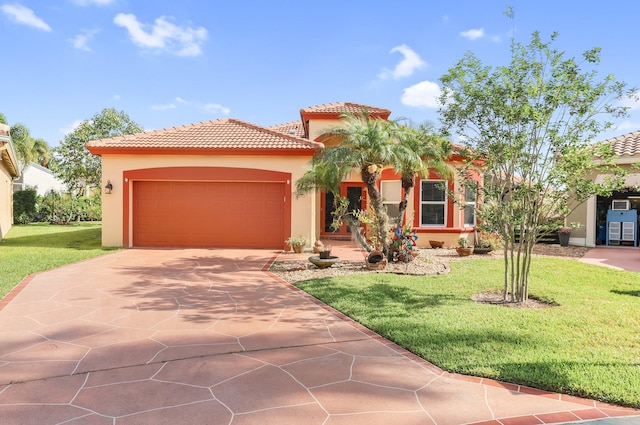 mediterranean / spanish home featuring stucco siding, a tile roof, driveway, and an attached garage
