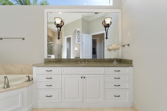 full bath featuring crown molding, a shower, a bath, and vanity