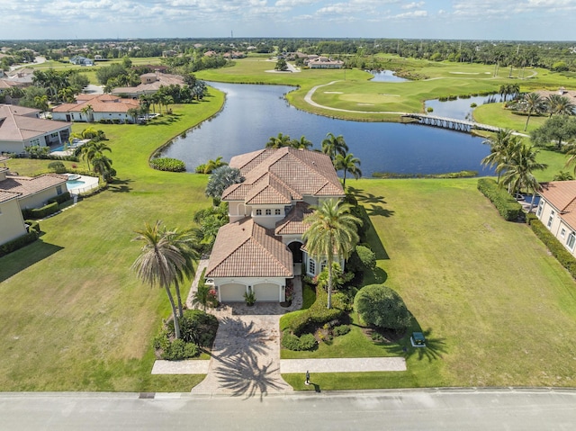 birds eye view of property featuring a water view, a residential view, and golf course view