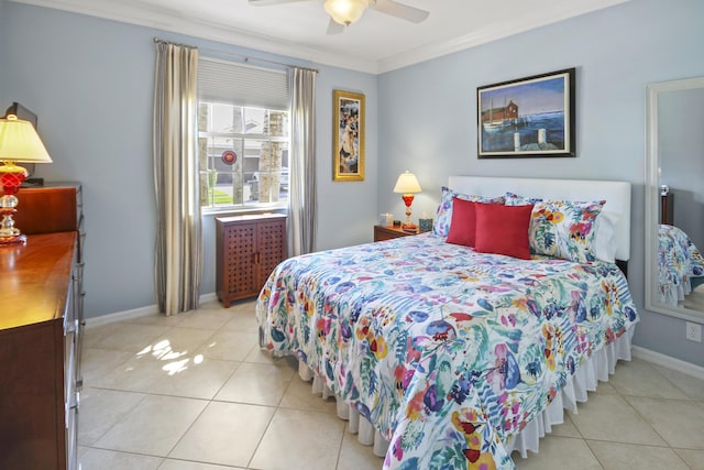 6809 Via Bellini, Lake Worth, FL 33467 - bedroom with crown molding, light tile patterned floors, a ceiling fan, and baseboards