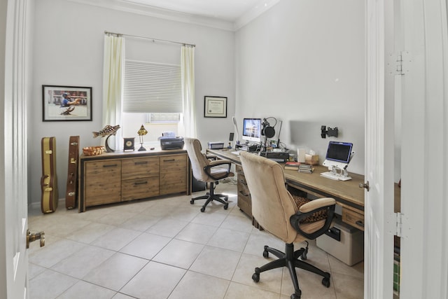 office space featuring crown molding and light tile patterned flooring