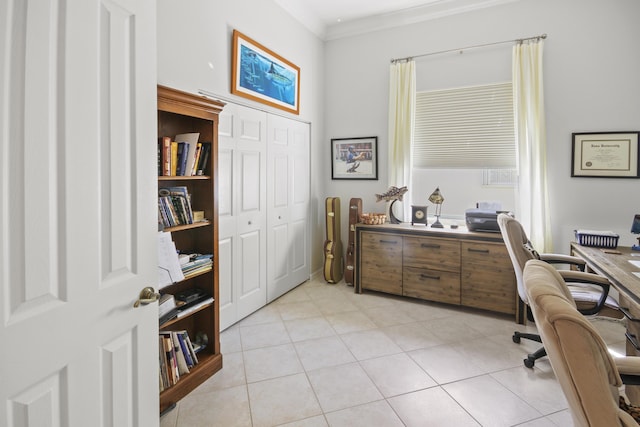 office space featuring light tile patterned flooring and ornamental molding