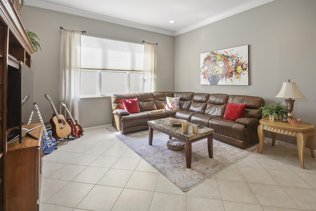 living room with recessed lighting, baseboards, ornamental molding, and light tile patterned floors