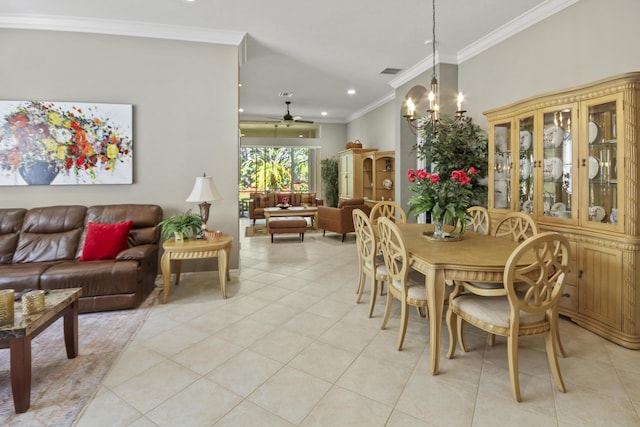 dining area with visible vents, ornamental molding, recessed lighting, ceiling fan with notable chandelier, and light tile patterned floors