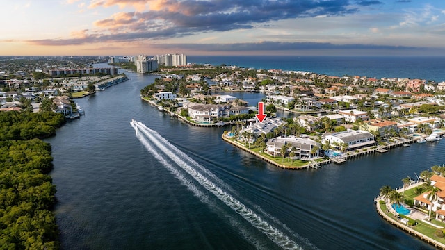 drone / aerial view featuring a water view
