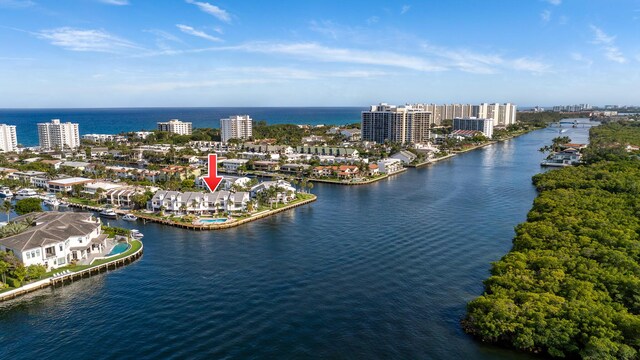 aerial view with a city view and a water view