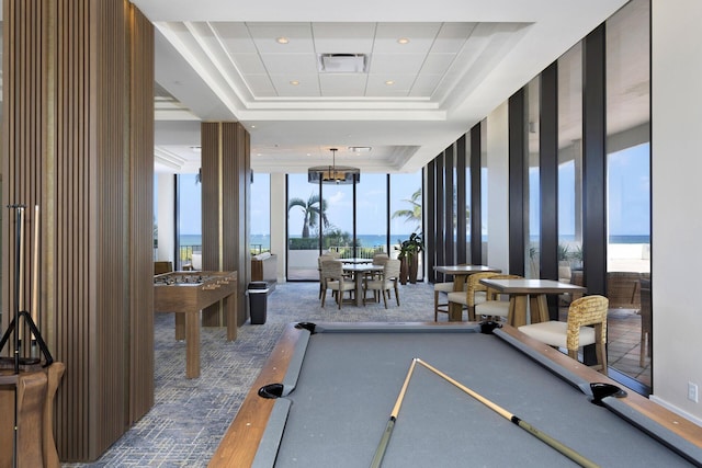 2600 S Ocean Blvd Phd, Phd, Boca Raton, FL 33432 - playroom with a raised ceiling, carpet, a wall of windows, a water view, and billiards table